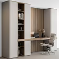 Contemporary Home Office Desk With Built In Bookshelf Laptop Ergonomic Chair And Wooden Wall