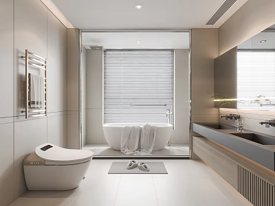 Modern Bathroom Interior Design With White Bathtub Towels Toilet Mirror And Blinds 3d model