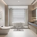 Modern Bathroom Interior Design With White Bathtub Towels Toilet Mirror And Blinds
