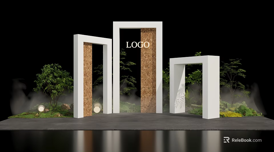 Outdoor Photo Spot With White Frames Logo Display Green Plants And Misty Trees 3d model 