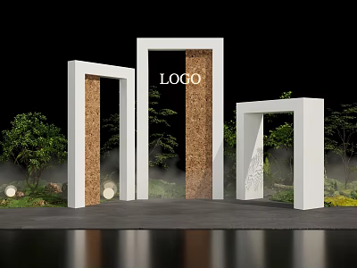 Outdoor Photo Spot With White Frames Logo Display Green Plants And Misty Trees 3d model