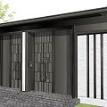 Modern Entrance Gate With Black Frame Grid Design Stone Steps And Surrounding Green Plants