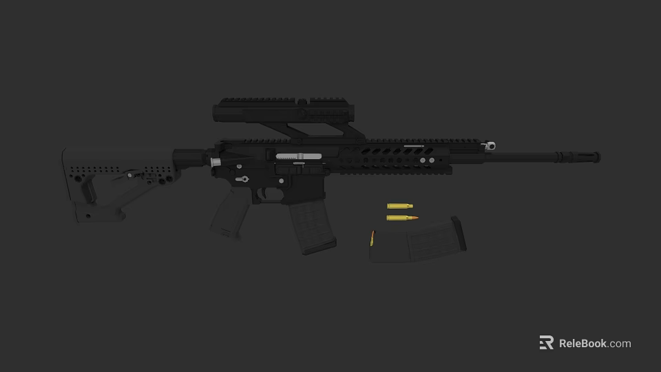 Black Tactical Assault Rifle With Rail System Magazine And Bullets 3d model