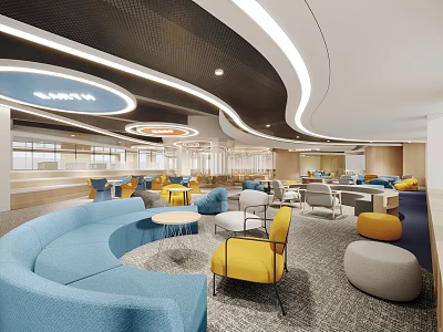 Modern Lounge Area Interior With Curved Ceiling Lighting Blue Yellow Seating And Round Tables 3d model