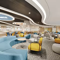 Modern Lounge Area Interior With Curved Ceiling Lighting Blue Yellow Seating And Round Tables