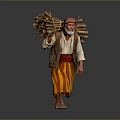 Man Carrying Firewood Bundle Wearing Traditional Headscarf And Striped Lungi Walking