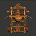 3D Model Military Vehicle Featuring Orange Yellow Wooden Frame Red Wheels And Top Circular Structure
