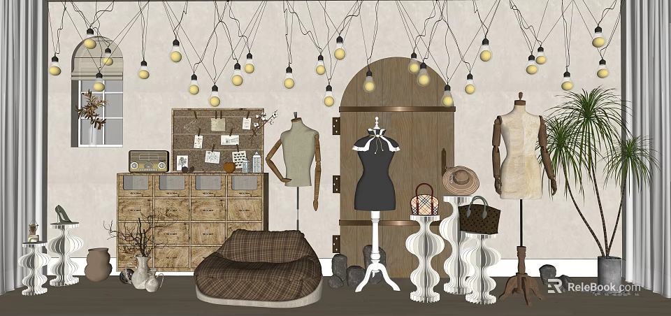 Stylish Clothing Store Interior With Mannequins Apparel And String Lights Decoration 3d model 