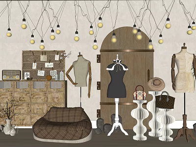 Stylish Clothing Store Interior With Mannequins Apparel And String Lights Decoration 3d model