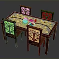 Wooden Dining Table With Four Carved Decorative Chairs And White Tabletop With Food Plates