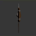 Ancient Combat Weapons Showcasing Trident With Metal Prongs And Wooden Shield With Metal Bands