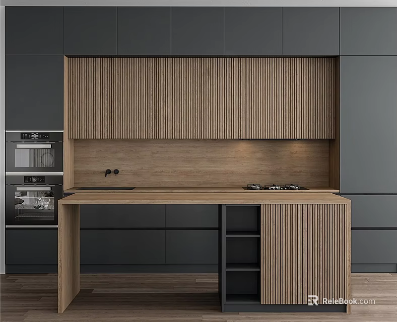 Modern Kitchen Interior With Wooden Cabinets Dark Panels And Island Counter 3d model 