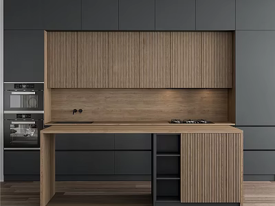 Modern Kitchen Interior With Wooden Cabinets Dark Panels And Island Counter 3d model