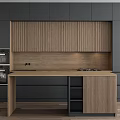 Modern Kitchen Interior With Wooden Cabinets Dark Panels And Island Counter