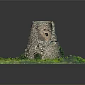 Scenic Miniature Landscape Featuring Ancient Stone Tower Surrounded by Lush Green Grass and Small Trees