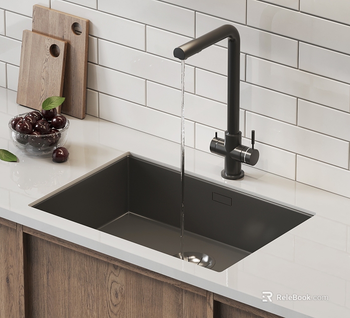 Kitchen Sink with Black Faucet Water Flowing Wooden Cutting Board Bowl of Cherries White Tile Backsplash 3d model 