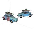 Two Classic Volkswagen Beetle Cars With Surfboards On Roof In Blue And Pink Colors