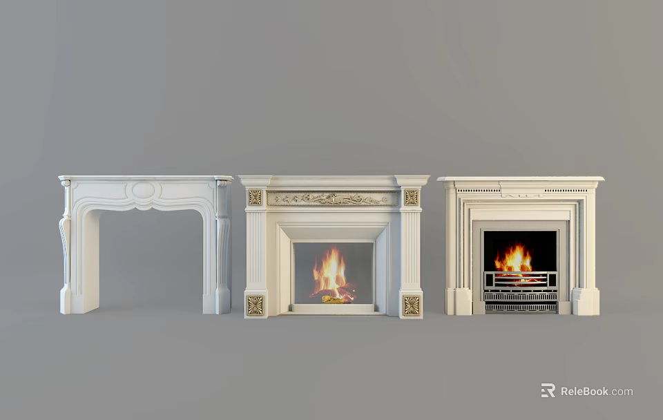 Three White Classic Fireplaces with Carved Details and Flames Burning in Home Interior 3d model 
