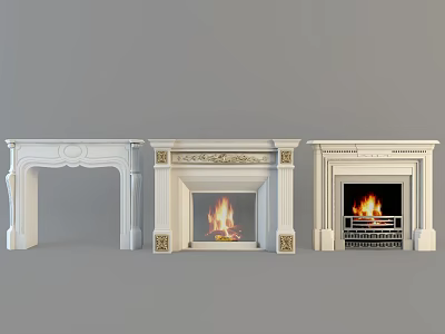 Three White Classic Fireplaces with Carved Details and Flames Burning in Home Interior 3d model