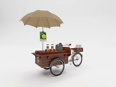 Artistic Installation Vintage Mobile Tricycle Cart With Umbrella Drinks And Wooden Cups 3d model