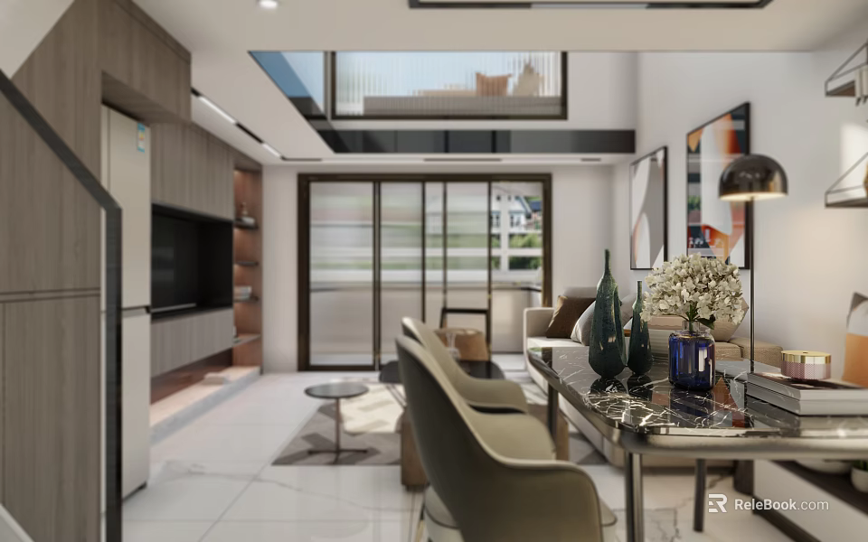 Modern Living and Dining Room Interior With Dining Table Chairs Sofa Decorative Vases And Wall Art 3d model 