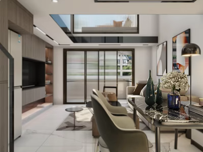 Modern Living and Dining Room Interior With Dining Table Chairs Sofa Decorative Vases And Wall Art 3d model