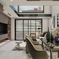 Modern Living and Dining Room Interior With Dining Table Chairs Sofa Decorative Vases And Wall Art