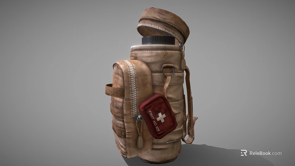 Brown Leather Backpack With Zipper And Red Cross First Aid Kit 3d model