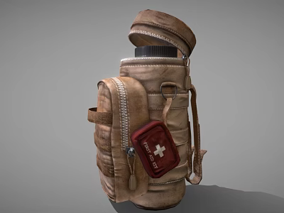 Brown Leather Backpack With Zipper And Red Cross First Aid Kit 3d model