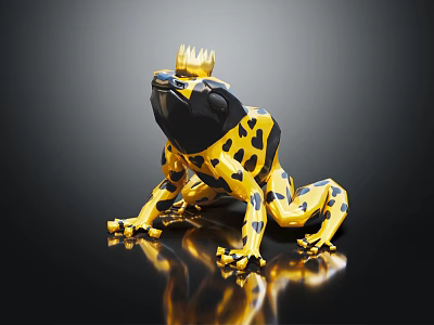 Golden Frog Sculpture with Crown and Black Spots on Shiny Black Surface with Reflection 3d model