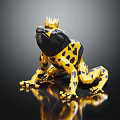 Golden Frog Sculpture with Crown and Black Spots on Shiny Black Surface with Reflection