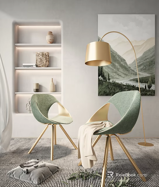 Green Accent Chairs with Gold Legs Modern Leisure Seating in Living Room Interior and Decorative Floor Lamp 3d model 