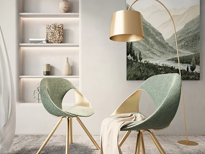 Green Accent Chairs with Gold Legs Modern Leisure Seating in Living Room Interior and Decorative Floor Lamp 3d model