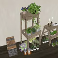 Wooden Multi tiered Plant Stand With Potted Plants Decorative Candles And Stacked Firewood