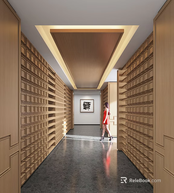 Hotel Corridor With Wooden Paneled Walls Dark Flooring Ceiling Light Strips And Artwork 3d model 