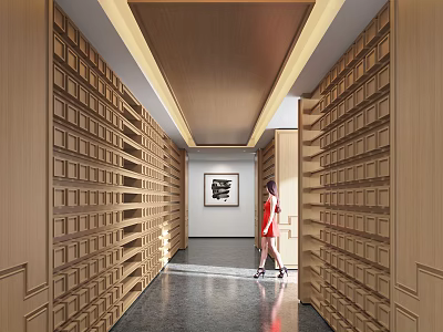 Hotel Corridor With Wooden Paneled Walls Dark Flooring Ceiling Light Strips And Artwork 3d model