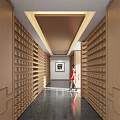 Hotel Corridor With Wooden Paneled Walls Dark Flooring Ceiling Light Strips And Artwork