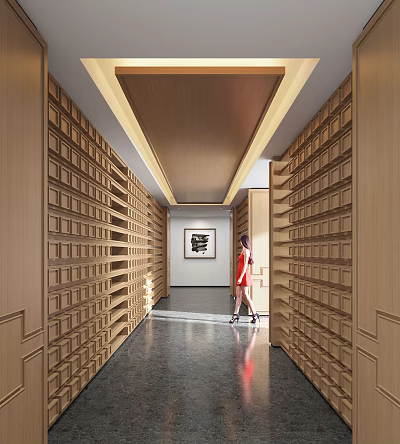 Hotel Corridor With Wooden Paneled Walls Dark Flooring Ceiling Light Strips And Artwork 3d model