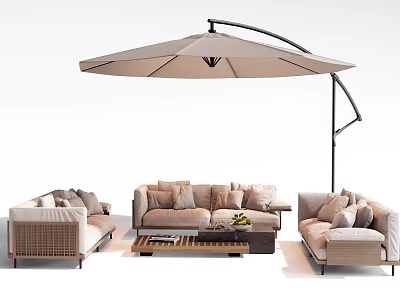 Outdoor Sofa With Cantilever Umbrella Plush Cushions And Coffee Table For Patio 3d model