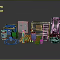 Industrial Storage Equipment With Forklift Barrels Shelf Boxes Wooden Pallets And Coil