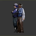 Three Diverse Game Movie Characters Animated Designs With White Coat Blue Uniform Helmet Different Poses