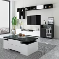 Modern TV Wall Unit with White Black Design Open Shelves Decorative Items and Green Plant