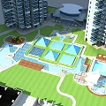 Garden Landscape Design Surrounding High Rise Residential Towers With Water Features And Green Lawns