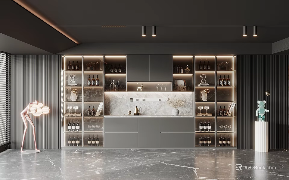 Elegant Modern Wine Cabinet With Glass Doors Wine Bottles Built-in Lighting And Marble Backsplash 3d model 