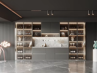 Elegant Modern Wine Cabinet With Glass Doors Wine Bottles Built-in Lighting And Marble Backsplash 3d model