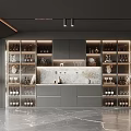 Elegant Modern Wine Cabinet With Glass Doors Wine Bottles Built-in Lighting And Marble Backsplash
