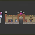 Cartoon Scene Of Orange Burger Restaurant Building With Best Burgers Sign And Colorful Decor