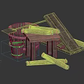 Rustic Wooden Household Items Including Bucket Stool Board And Rolls 3d model