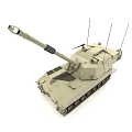 Modern Sand Colored Military Tank With Long Cannon Antennas And Tracks