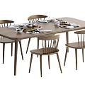 Wooden Dining Table Set With Four Chairs And Tableware Arrangement 3d model